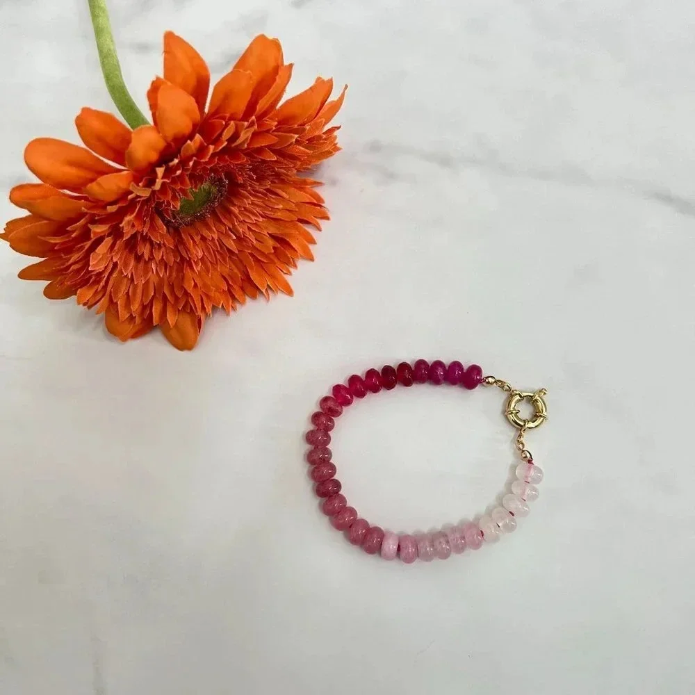Ombre Pink Jade Gemstone Beaded Hand Knotted Bracelet Gold Filled Clasp